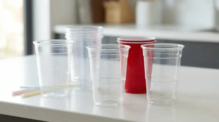 Bicchieri di plastica trasparenti e rossi su un tavolo da cucina con cannucce colorate