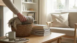 Una persona sistema una coperta in un cesto su un tavolino in un soggiorno ordinato