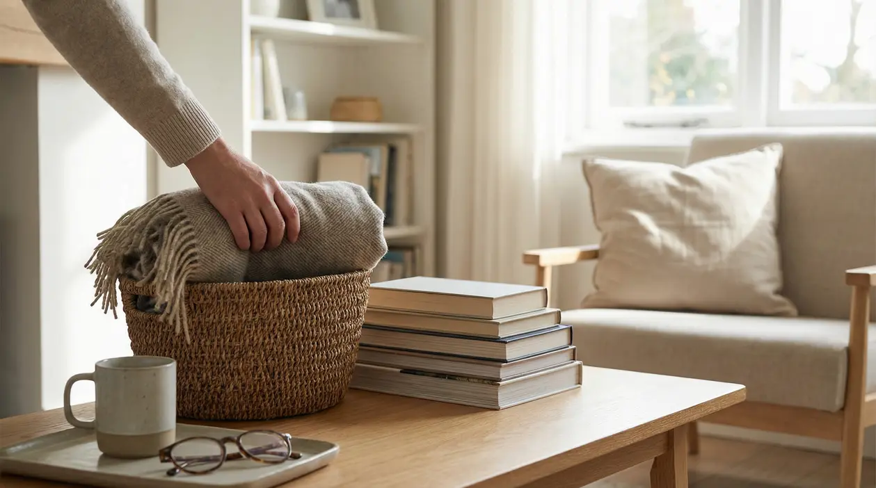 Una persona sistema una coperta in un cesto su un tavolino in un soggiorno ordinato