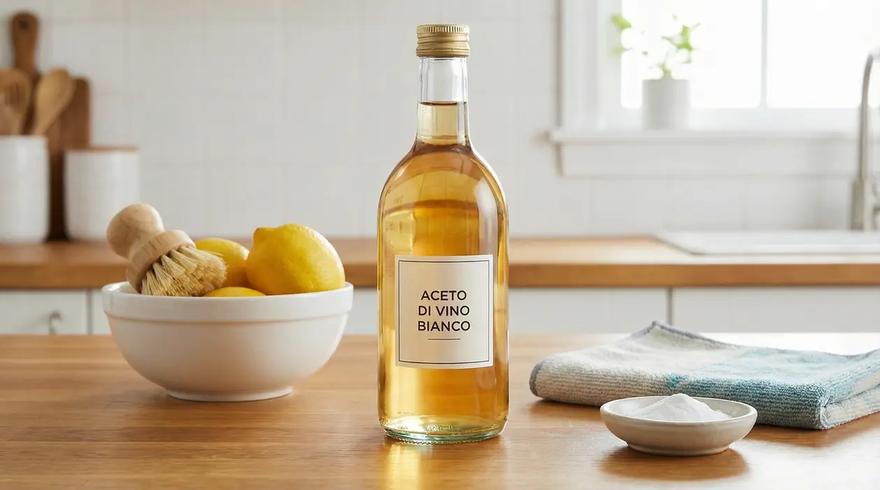 Bottiglia di aceto di vino bianco su un piano cucina con limoni, spazzola, panno e ciotola di bicarbonato