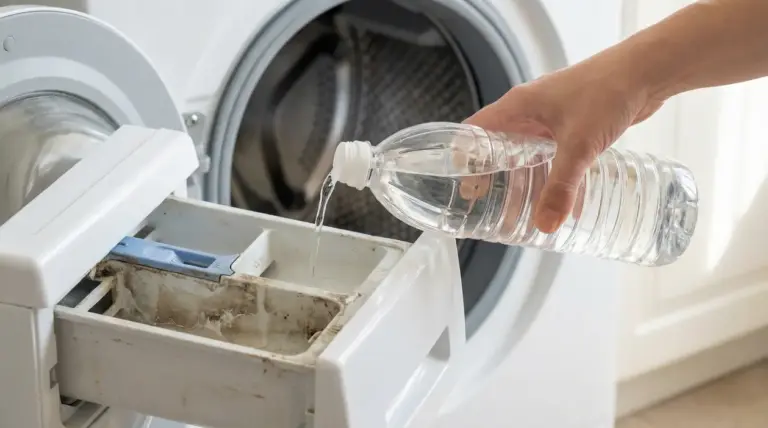 Una persona versa aceto nel cassetto del detersivo di una lavatrice aperta
