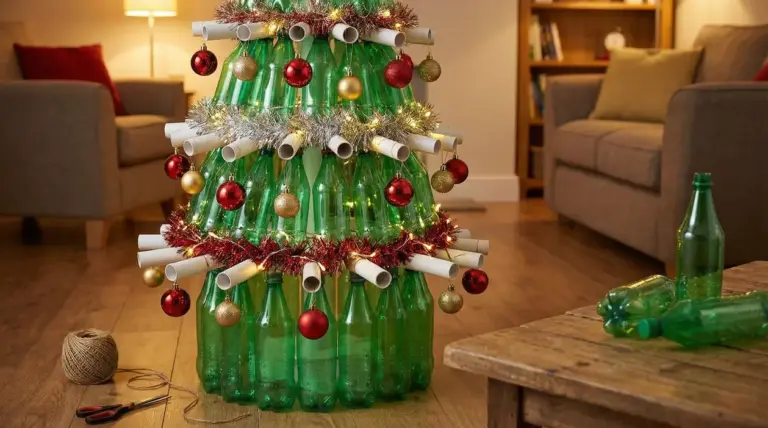 Albero di Natale fai-da-te realizzato con bottiglie di plastica verdi e tubi bianchi decorativi.