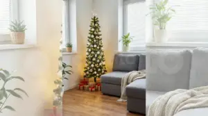 Albero di Natale decorato in un angolo di un salotto moderno e compatto