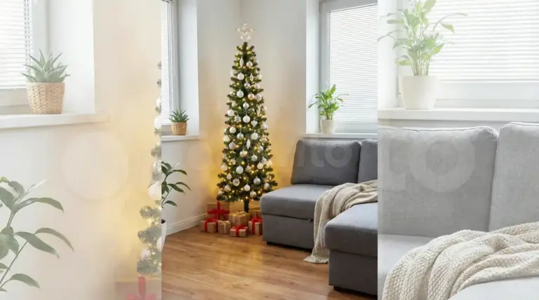 Albero di Natale decorato in un angolo di un salotto moderno e compatto
