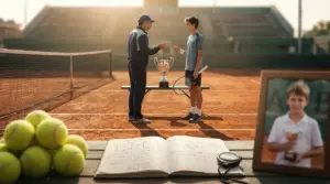 Un allenatore parla con un giovane tennista accanto a un trofeo su un campo in terra battuta