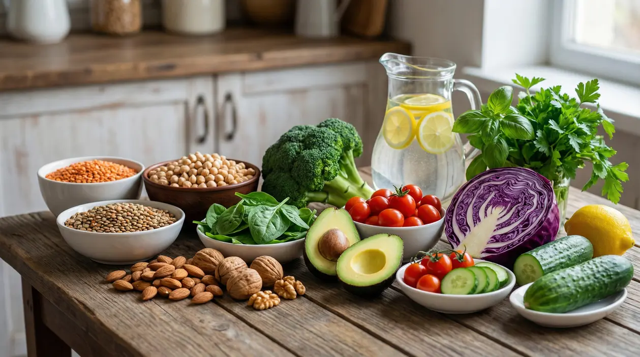 Verdure fresche, legumi, frutta secca e acqua con limone su un tavolo di legno