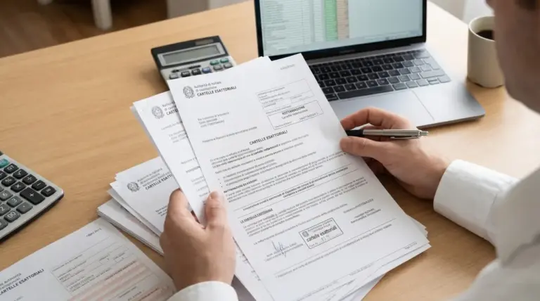 Persona esamina delle cartelle esattoriali su una scrivania con computer e calcolatrice.