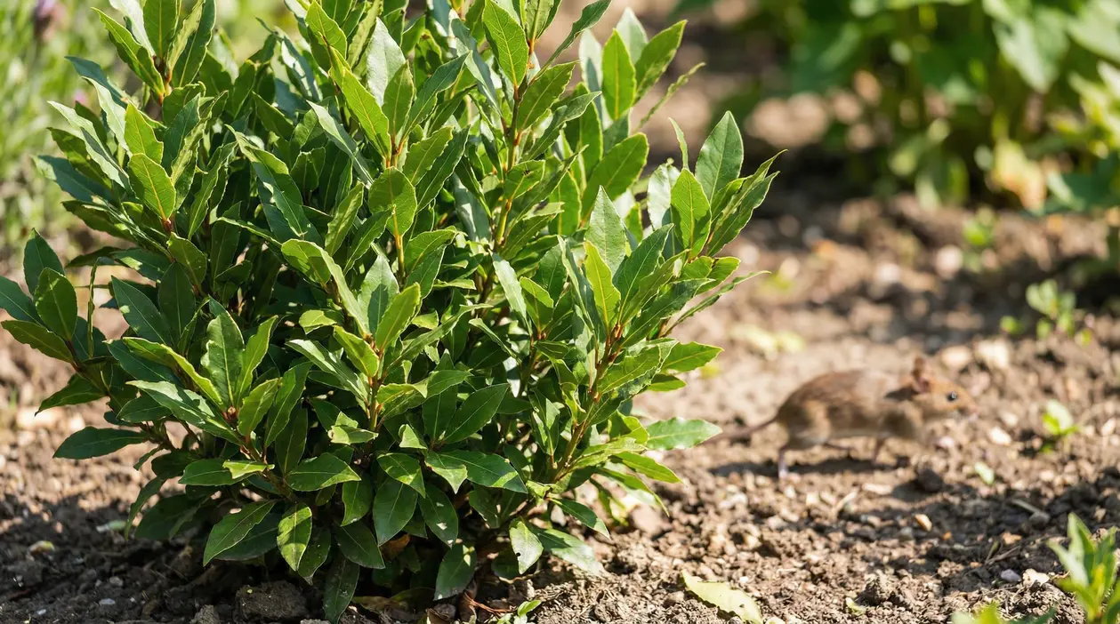 Pianta di alloro in un giardino con un topo che corre sul terreno