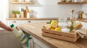 Prodotti naturali come limoni, aceto e bicarbonato su un tavolo da cucina in legno