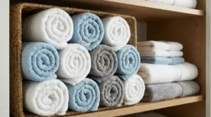 Asciugamani arrotolati e piegati ordinatamente su scaffali di legno