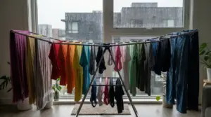 Stendibiancheria con vestiti colorati stesi all'interno davanti a una finestra in un giorno di pioggia