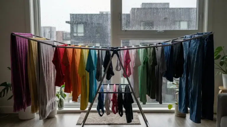 Stendibiancheria con vestiti colorati stesi all'interno davanti a una finestra in un giorno di pioggia