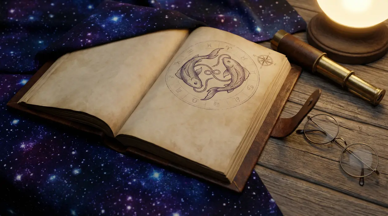 Libro aperto con illustrazione del segno zodiacale dei Pesci su tavolo di legno