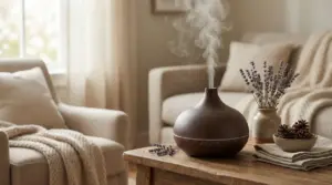 Diffusore di aromi acceso su tavolino in un salotto accogliente con lavanda e pigne decorative