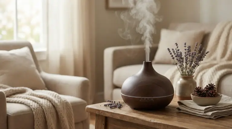 Diffusore di aromi acceso su tavolino in un salotto accogliente con lavanda e pigne decorative