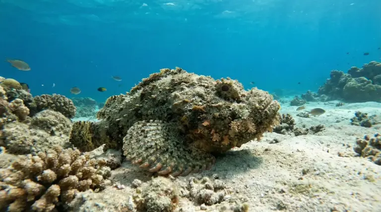 Pesce scorpione mimetizzato sul fondale marino vicino a una barriera corallina