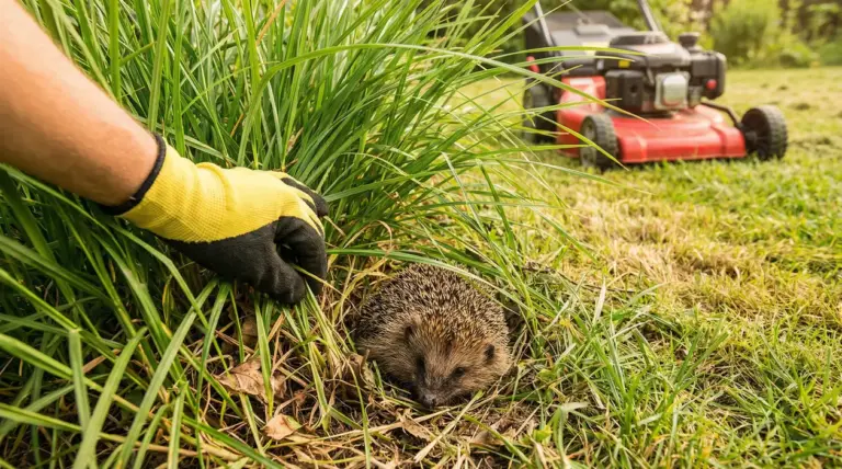 Un riccio nascosto nell'erba alta vicino a un tagliaerba acceso