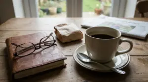 Tazza di caffè nero su un tavolo con un libro, occhiali e giornale