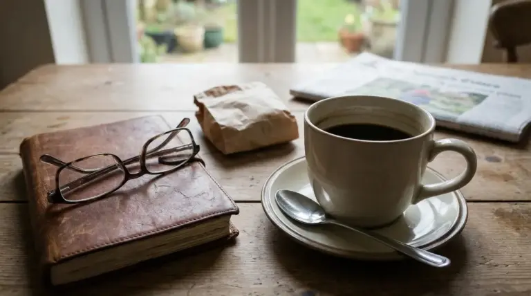 Tazza di caffè nero su un tavolo con un libro, occhiali e giornale