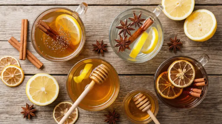 Tazze di bevande con fette di limone, cannella, miele e anice stellato su un tavolo di legno