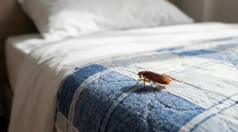 Blatta su coperta blu ai piedi di un letto in camera da letto.