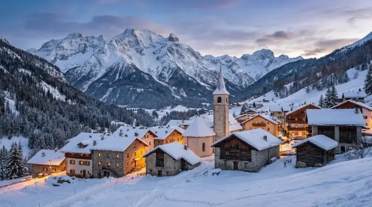 Borgo di montagna innevato al tramonto con case in pietra e chiesa, circondato da montagne alpine