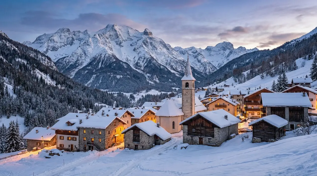 Borgo di montagna innevato al tramonto con case in pietra e chiesa, circondato da montagne alpine