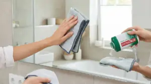 Una persona usa un panno e del borotalco per pulire uno specchio in bagno