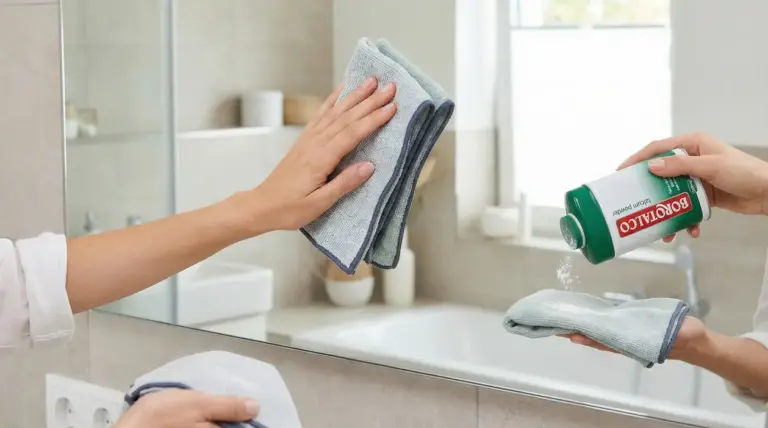 Una persona usa un panno e del borotalco per pulire uno specchio in bagno