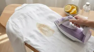 Camicia bianca con bruciatura da ferro da stiro su asse da stiro con mano che tiene il ferro