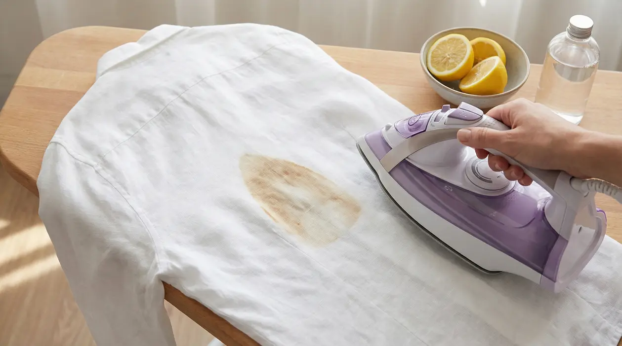 Camicia bianca con bruciatura da ferro da stiro su asse da stiro con mano che tiene il ferro