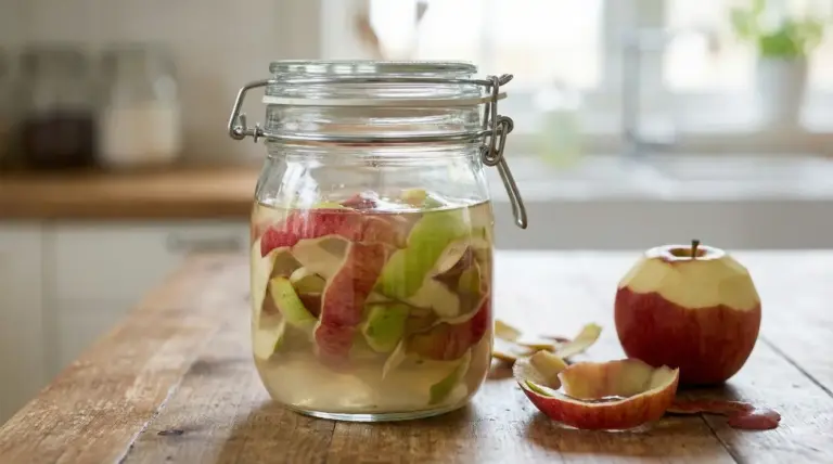 Barattolo di vetro con bucce di mela immerse in acqua su un tavolo di legno