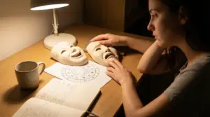 Persona seduta a una scrivania guarda due maschere con espressioni opposte accanto a un cerchio zodiacale.