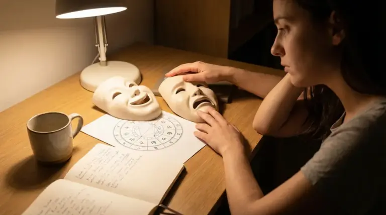 Persona seduta a una scrivania guarda due maschere con espressioni opposte accanto a un cerchio zodiacale.