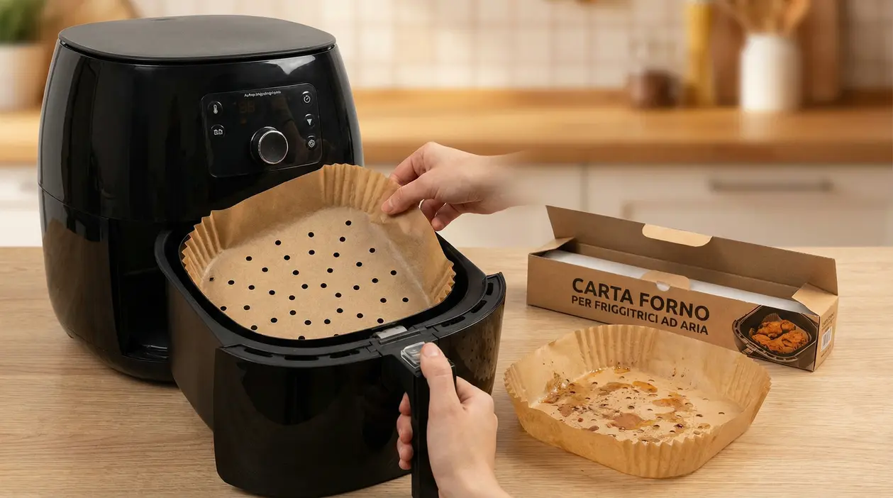 Una persona inserisce carta da forno forata in una friggitrice ad aria su un piano cucina