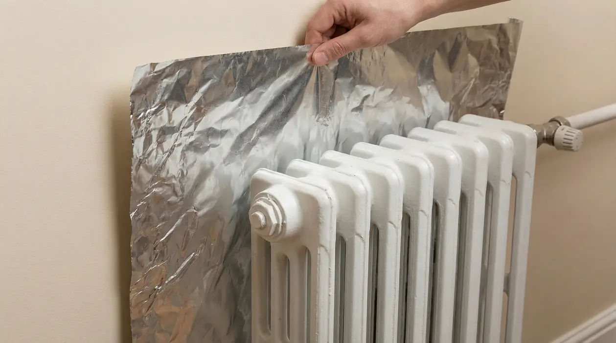 Una mano posiziona un foglio di carta stagnola dietro un termosifone bianco