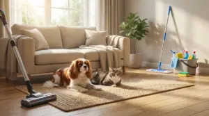 Cane e gatto su un tappeto in salotto pulito con prodotti per la pulizia sullo sfondo