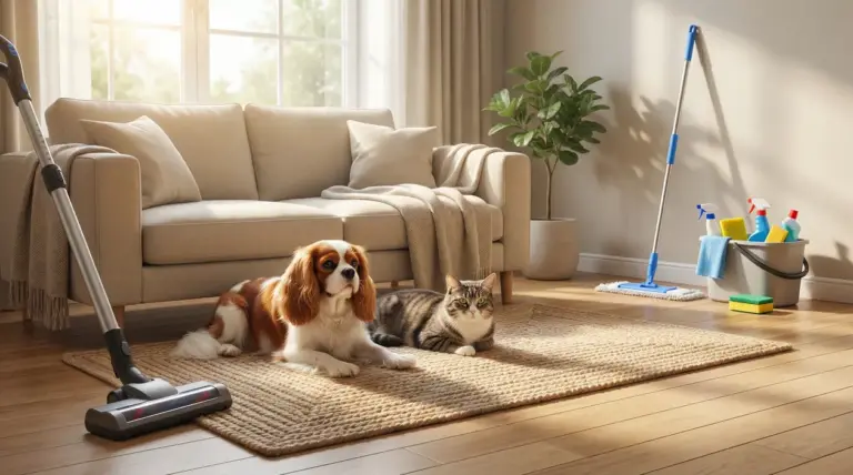Cane e gatto su un tappeto in salotto pulito con prodotti per la pulizia sullo sfondo