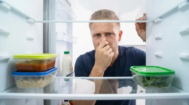 Persona che si tappa il naso guardando all'interno di un frigorifero con contenitori di cibo