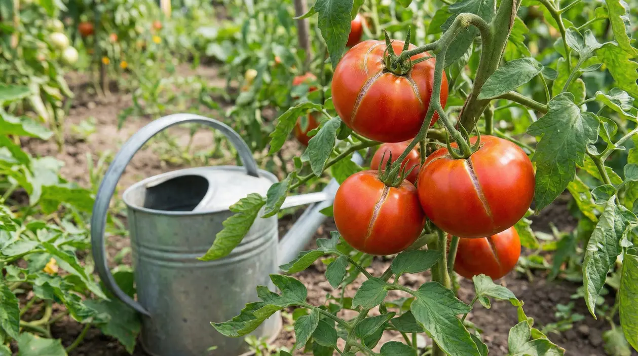 Pomodori spaccati su una pianta in un orto con un annaffiatoio sullo sfondo