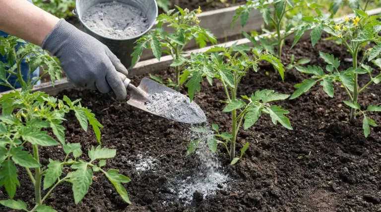 Una mano con guanto distribuisce cenere tra le piante di pomodoro in un orto