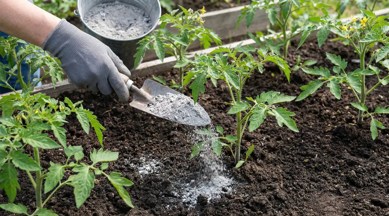 Una mano con guanto distribuisce cenere tra le piante di pomodoro in un orto