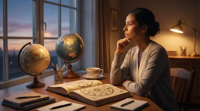 Una persona riflette davanti a un libro astrologico in una stanza con globi e taccuini