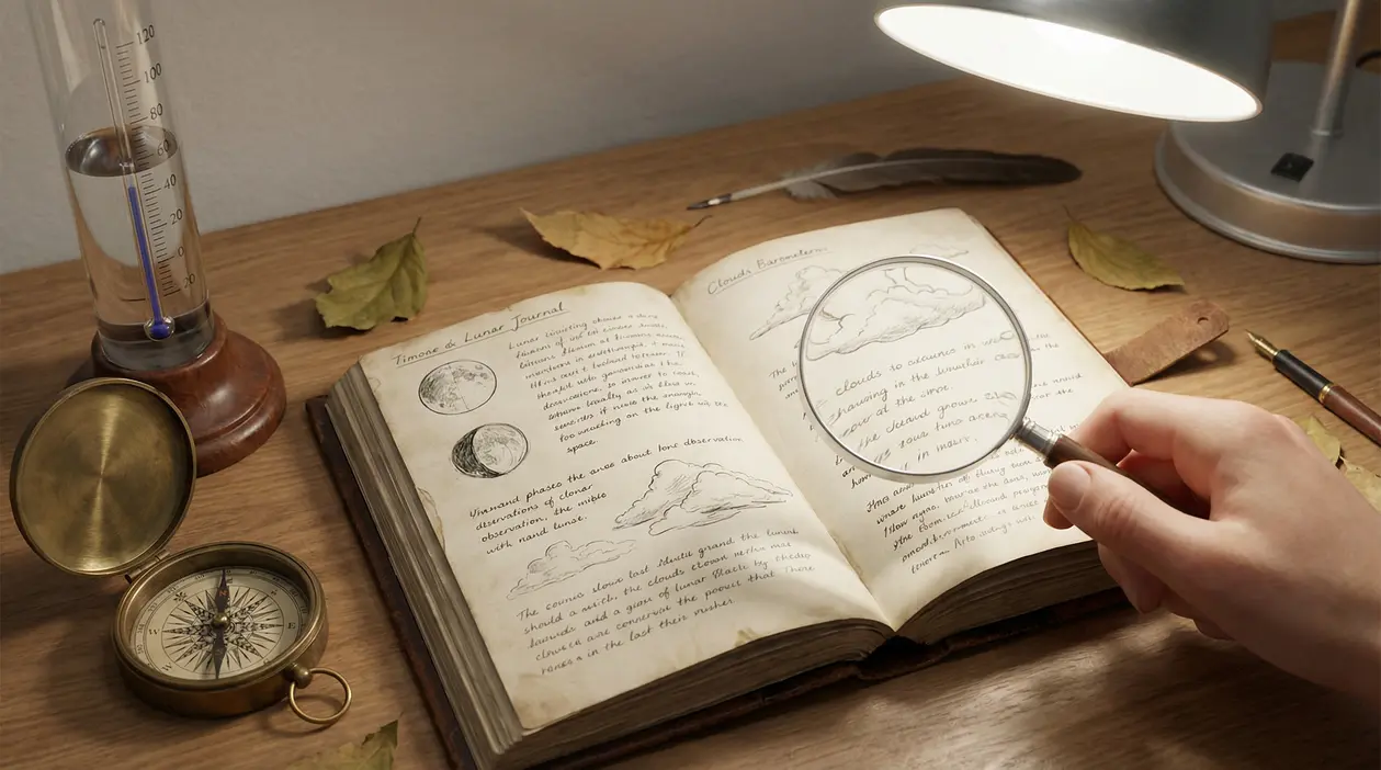 Una mano con lente d’ingrandimento osserva un libro aperto con appunti su nuvole e fasi lunari