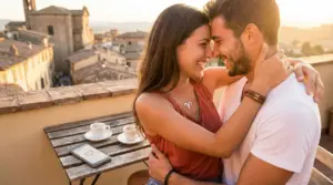 Una coppia che si abbraccia romanticamente su una terrazza al tramonto