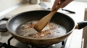 Padella con cibo bruciato raschiato con una spatola di legno