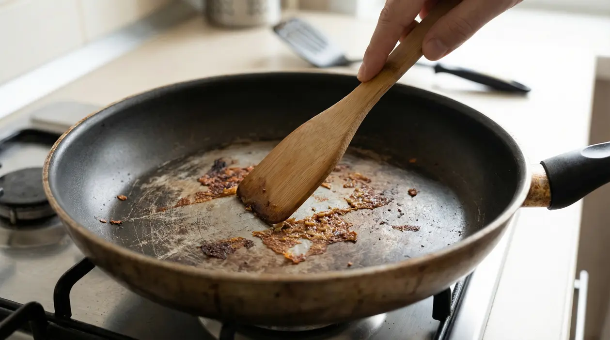 Padella con cibo bruciato raschiato con una spatola di legno