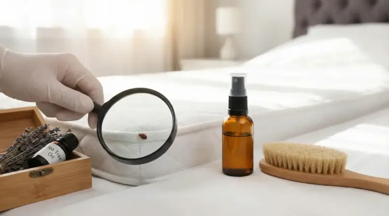 Mano con guanto che usa una lente d'ingrandimento su un materasso con cimice visibile