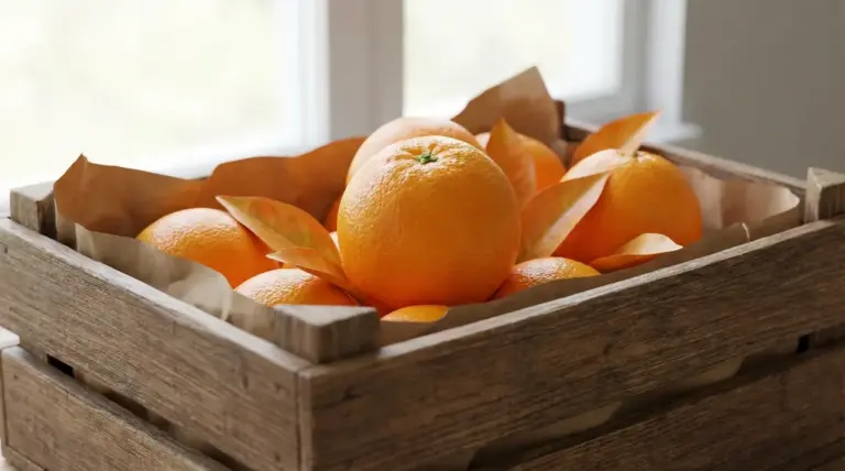 Cassetta di legno con arance fresche su carta marrone