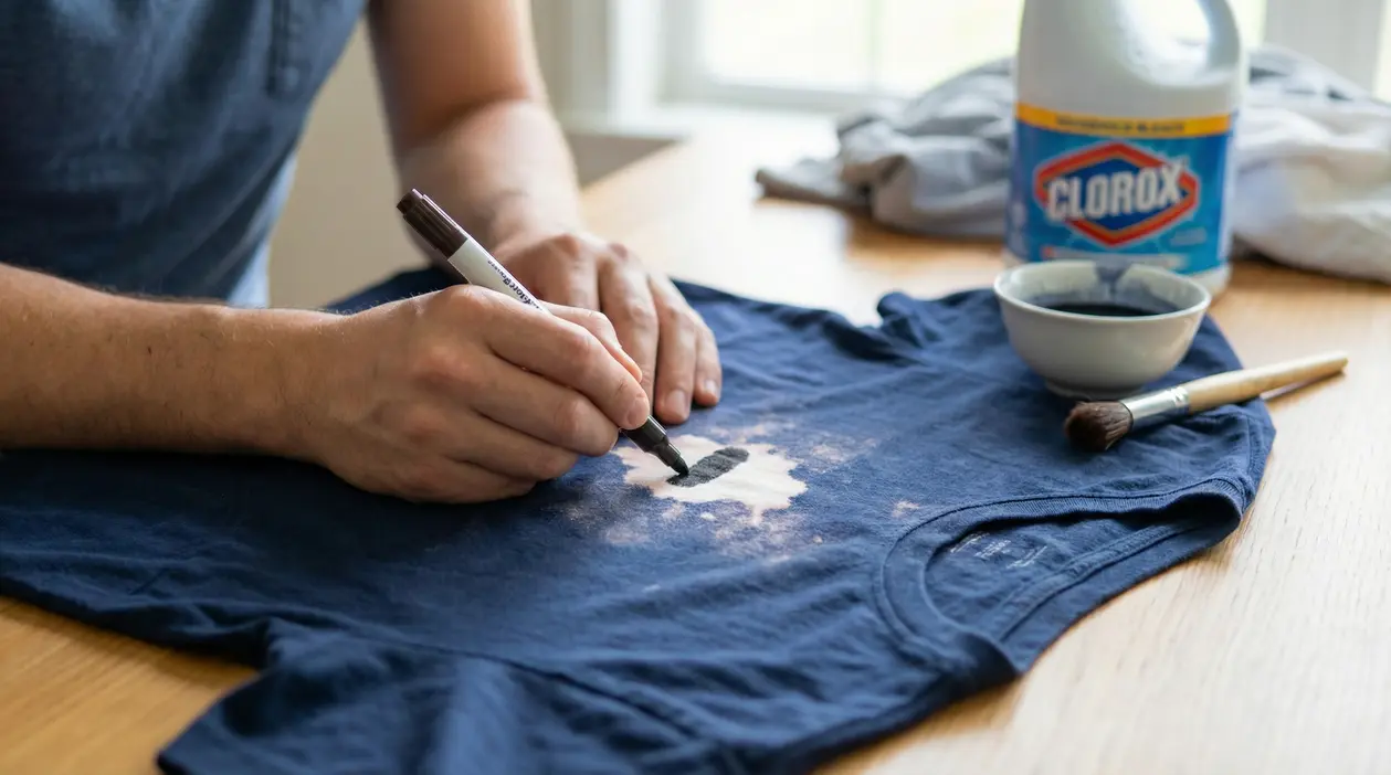 Una persona colora una macchia di candeggina su una maglietta blu con un pennarello nero